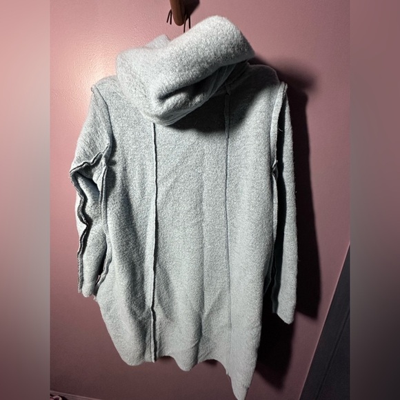 Women's Blue Button-Up Raw Edge Fleece Coat - Picture 5 of 5